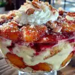 creamy peach melba trifle - featured image