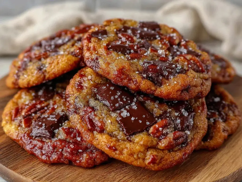 crispy triple chocolate chunk pecan cookies - featured image