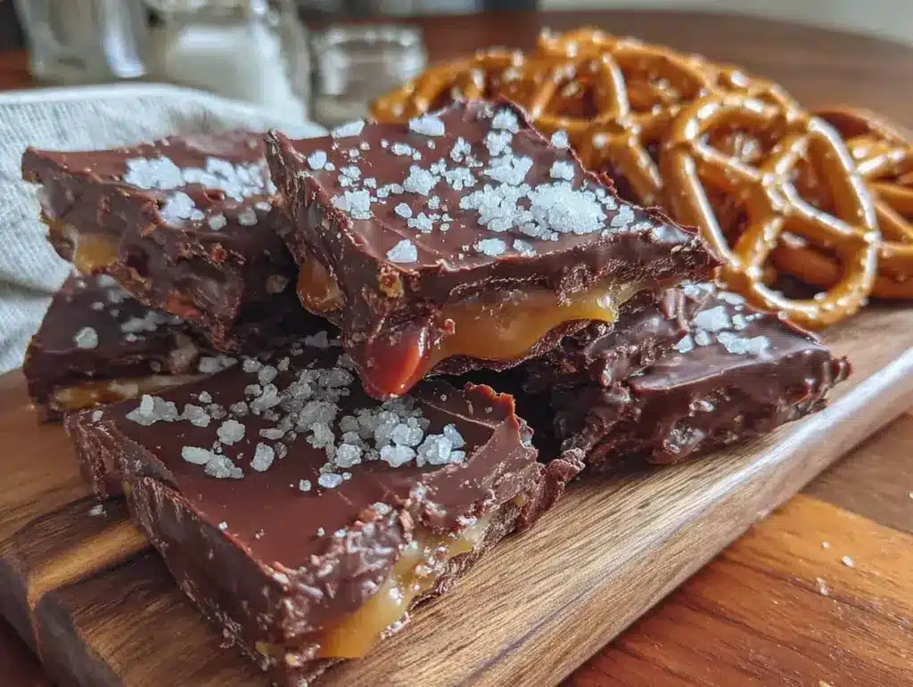 dark chocolate pretzel toffee bark - featured image