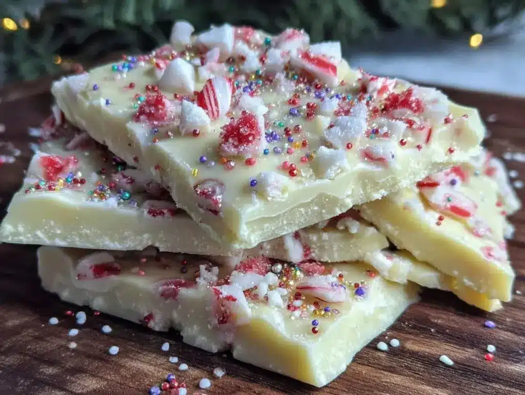 firecracker white chocolate peppermint bark - featured image