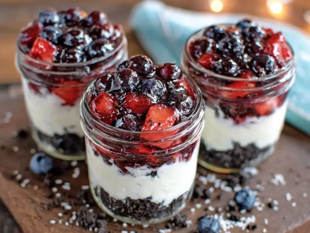 red white and blue dirt cup dessert jars - featured image