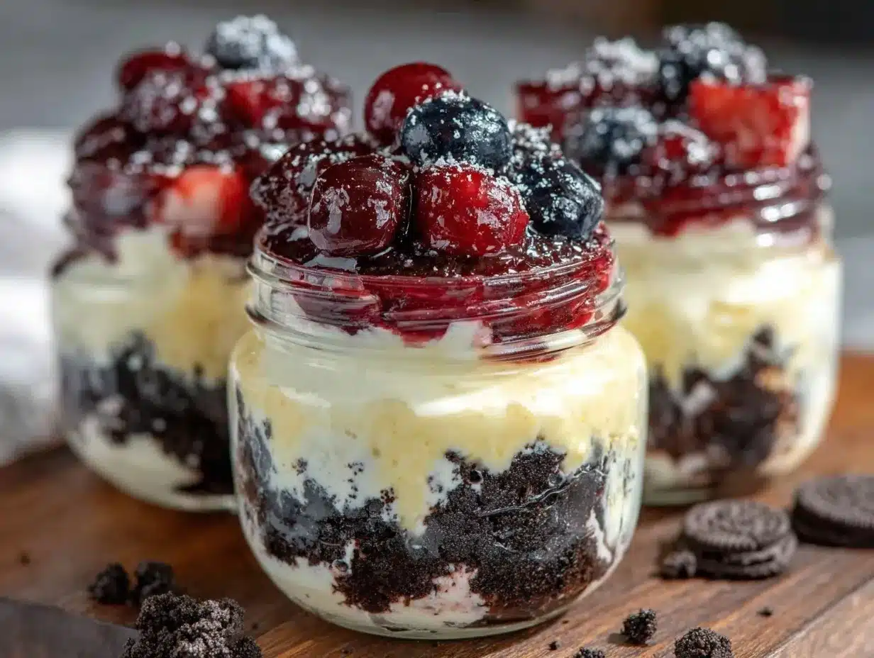 red white and blue dirt cup dessert jars preparation steps