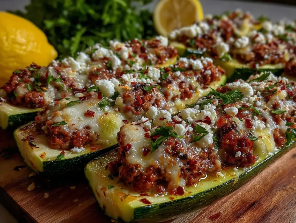 cheesy grilled zucchini boats stuffed with italian sausage - featured image