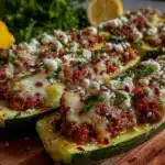 cheesy grilled zucchini boats stuffed with italian sausage - featured image
