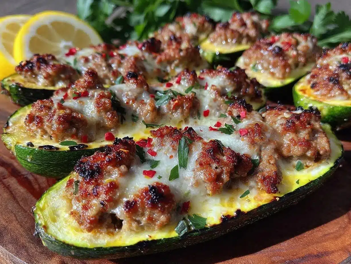 cheesy grilled zucchini boats stuffed with italian sausage preparation steps