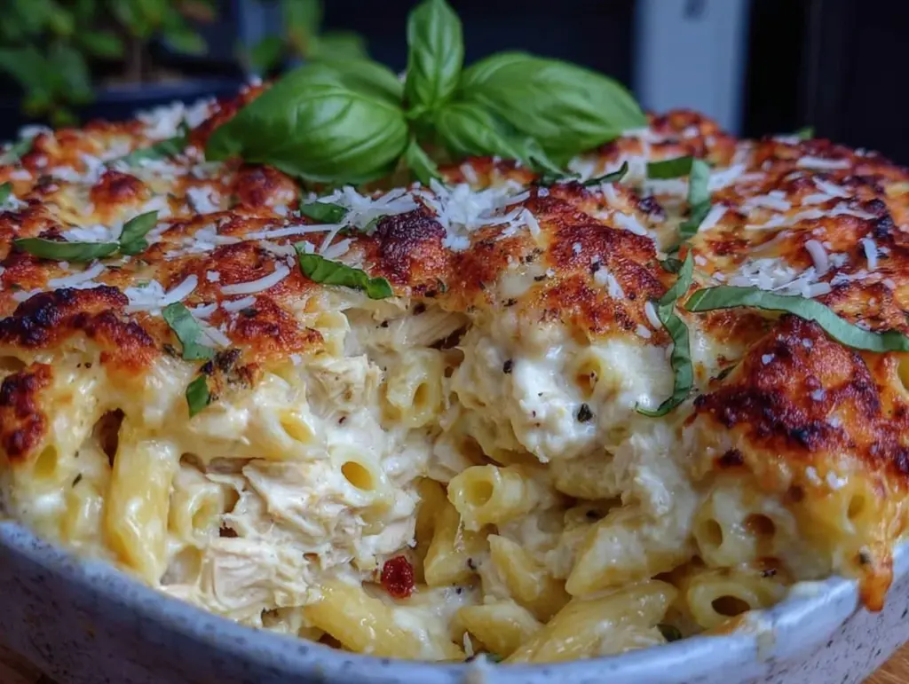 creamy chicken alfredo baked ziti - featured image