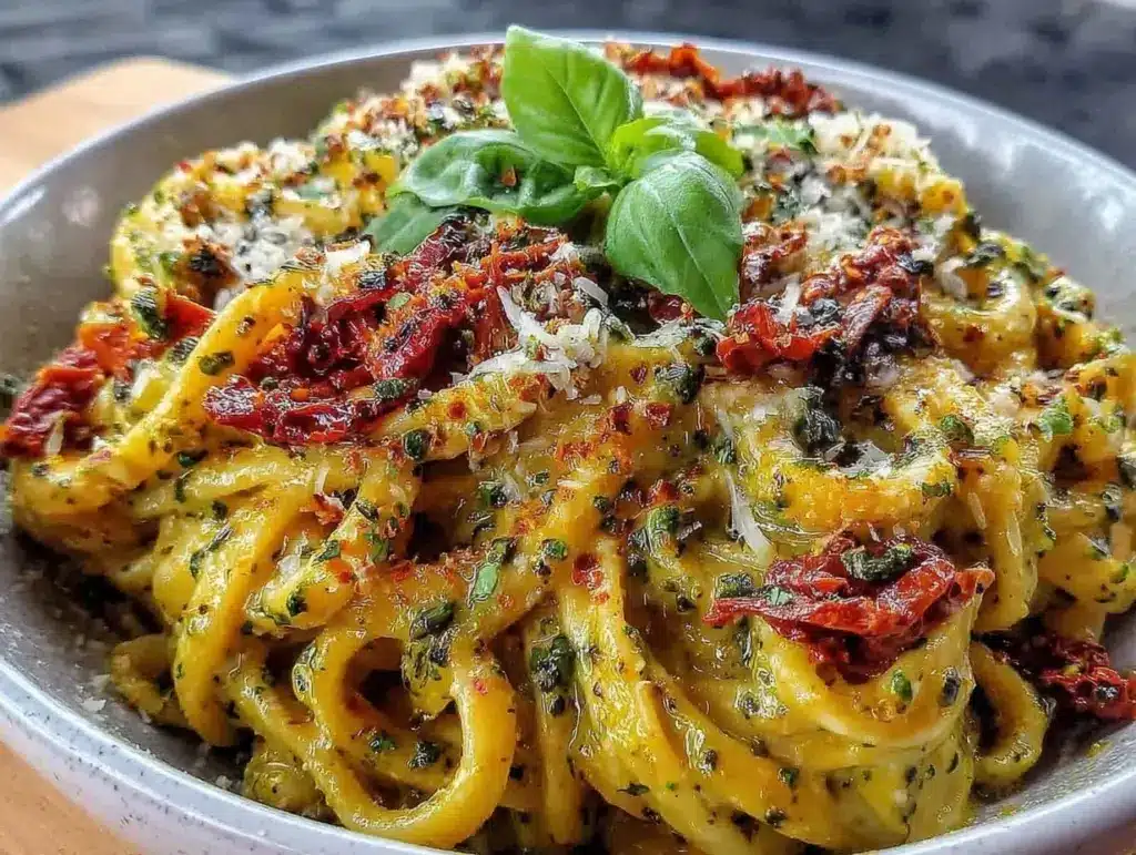 creamy pesto pasta with sun-dried tomatoes - featured image