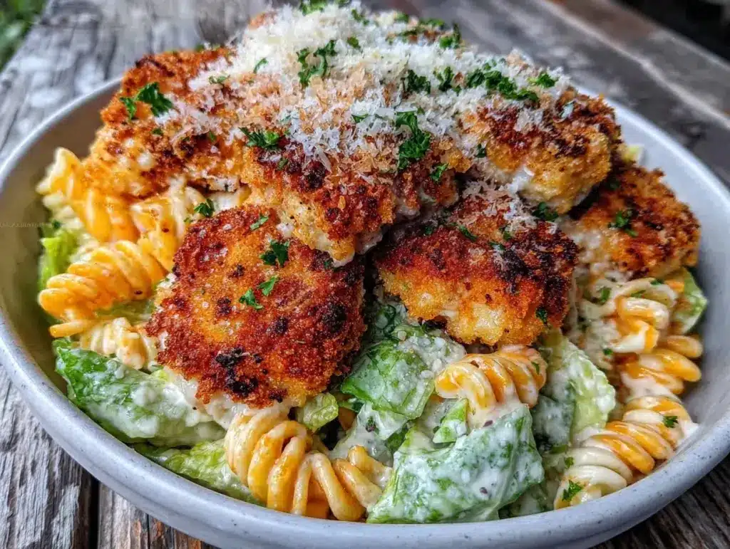 crispy chicken caesar pasta salad - featured image