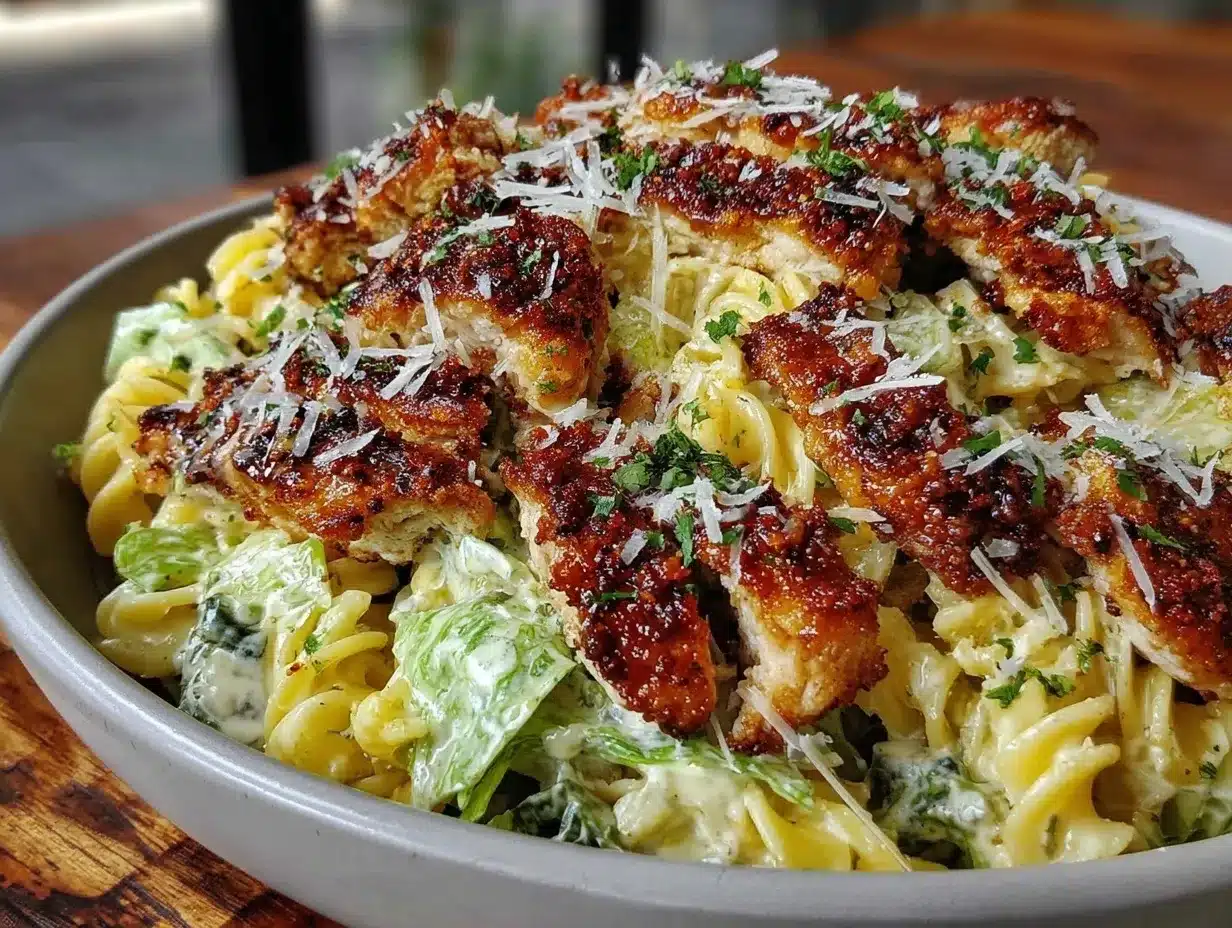 crispy chicken caesar pasta salad preparation steps