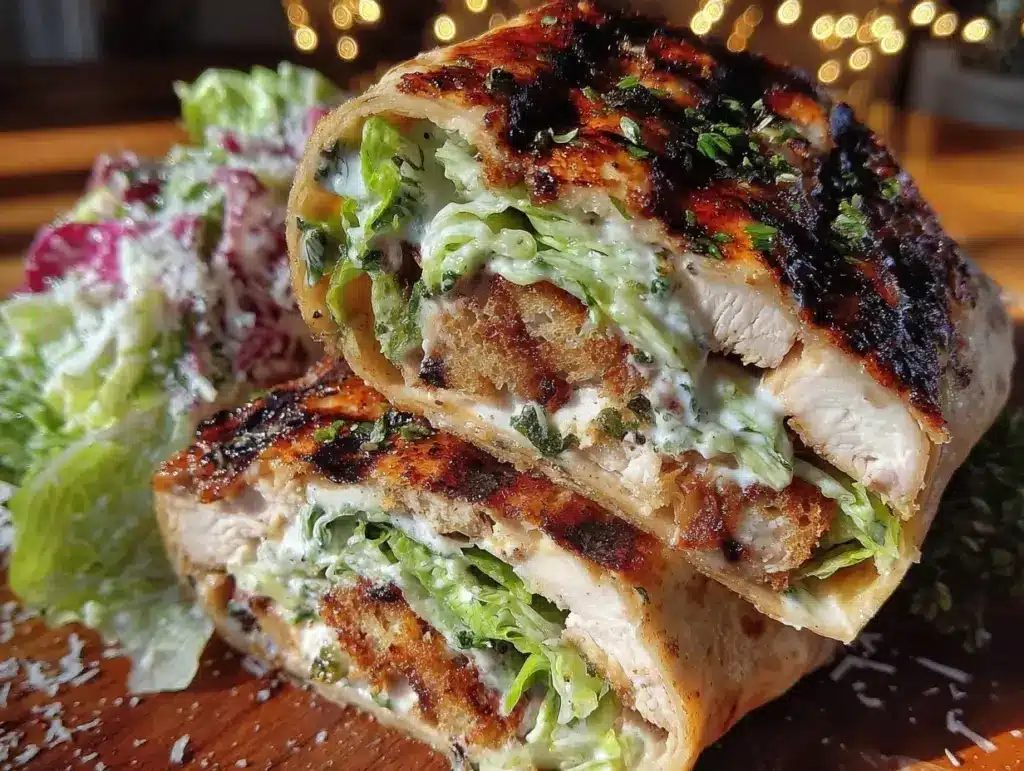 crispy grilled lemon-herb chicken caesar wrap - featured image