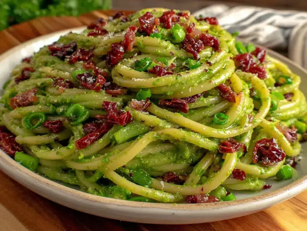 fresh garlic scape pesto pasta - featured image