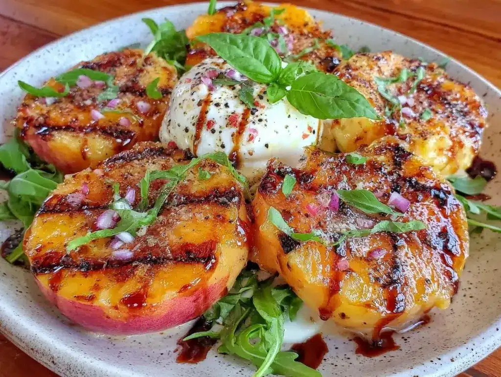fresh grilled peach and burrata salad - featured image