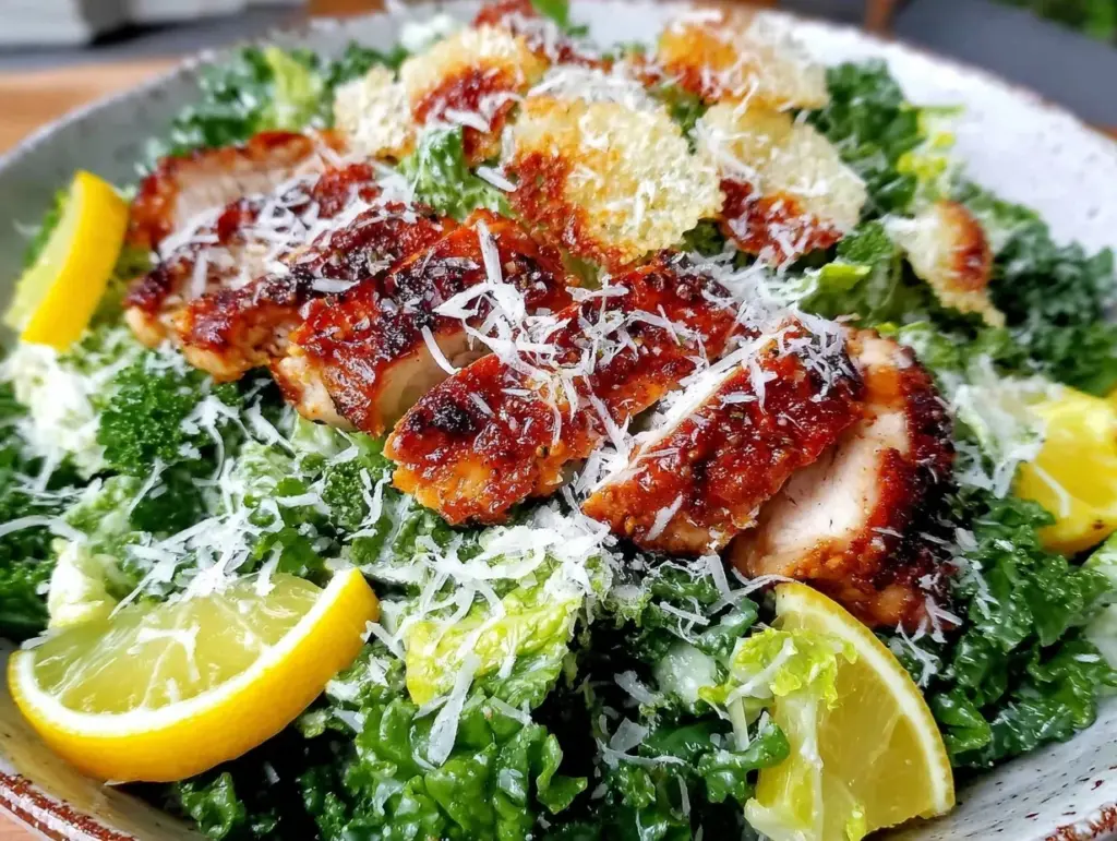 fresh kale and chicken caesar salad - featured image