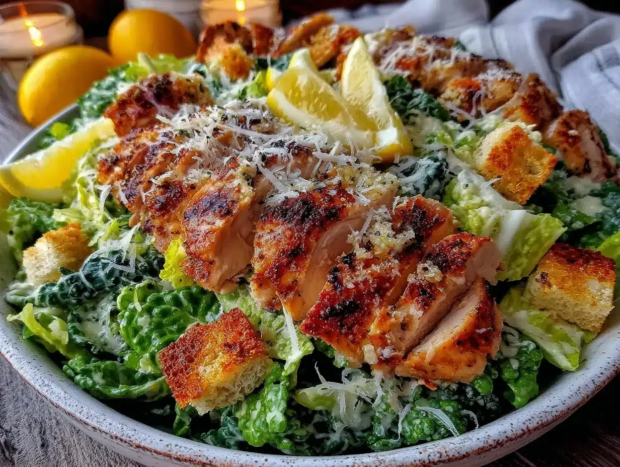 fresh kale and chicken caesar salad preparation steps