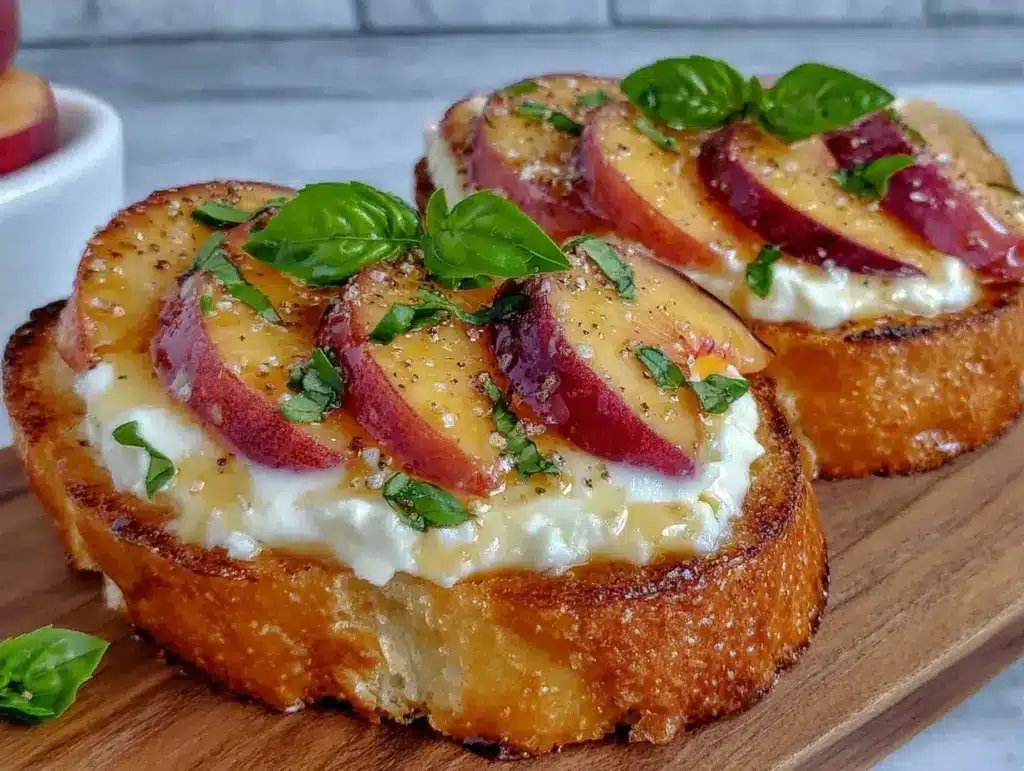 fresh peach burrata bruschetta - featured image