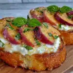 fresh peach burrata bruschetta - featured image