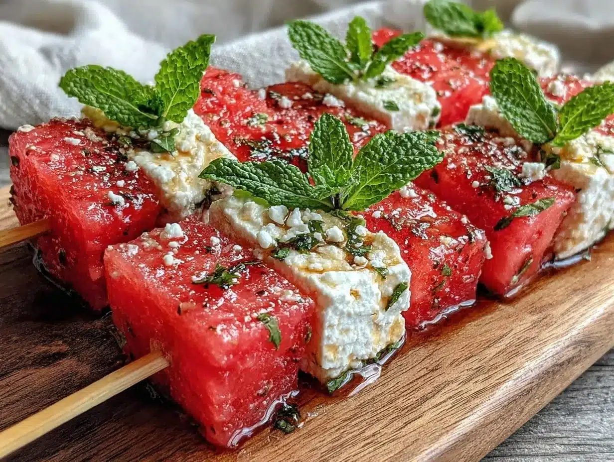 fresh watermelon feta skewers with mint preparation steps