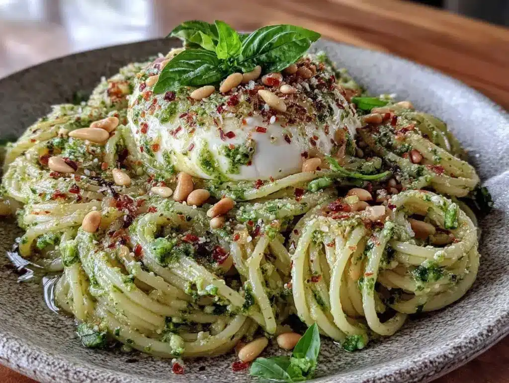 garlic scape pesto pasta - featured image