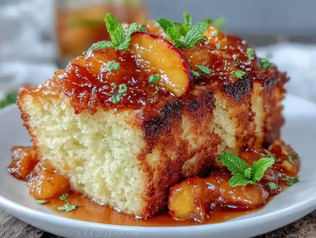 grilled pound cake bourbon-peach compote - featured image