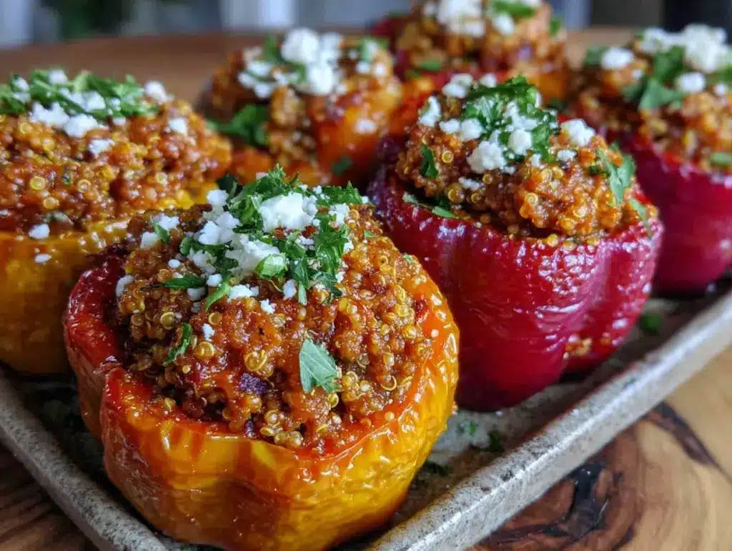 healthy turkey and quinoa stuffed bell peppers - featured image