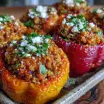 healthy turkey and quinoa stuffed bell peppers - featured image