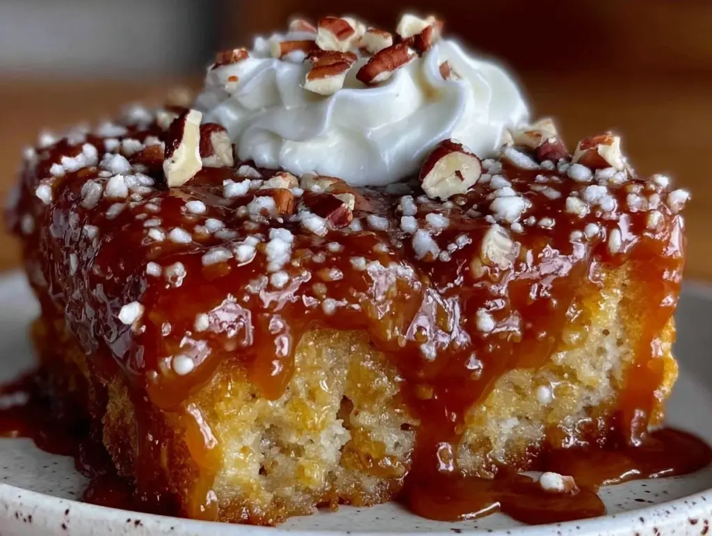 salted caramel whiskey poke cake - featured image