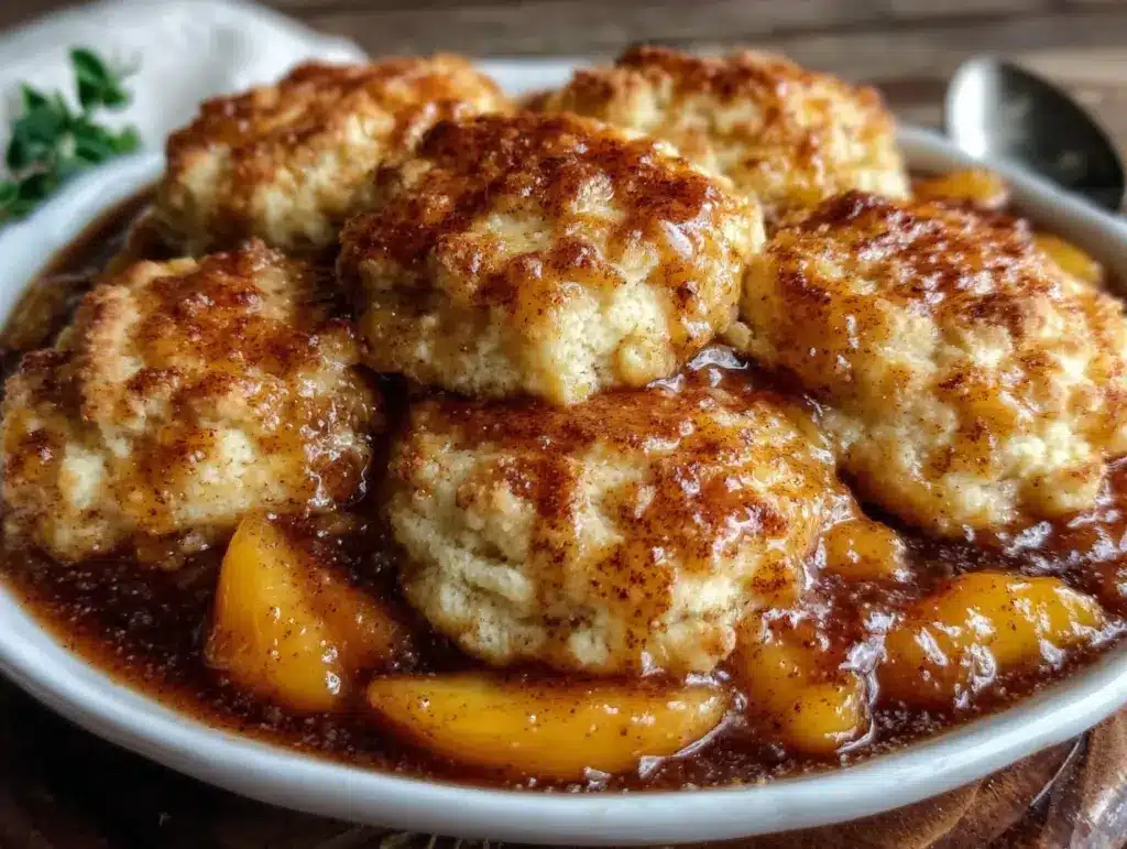 southern peach cobbler with buttermilk biscuits - featured image