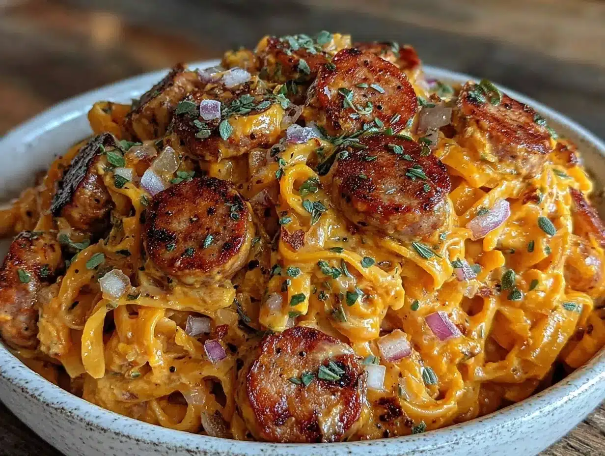 creamy one-pot pumpkin pasta with sausage preparation steps
