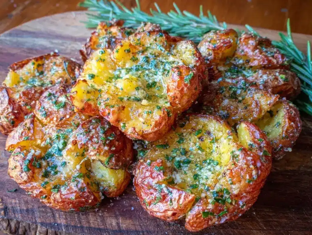 crispy garlic herb smashed potatoes - featured image
