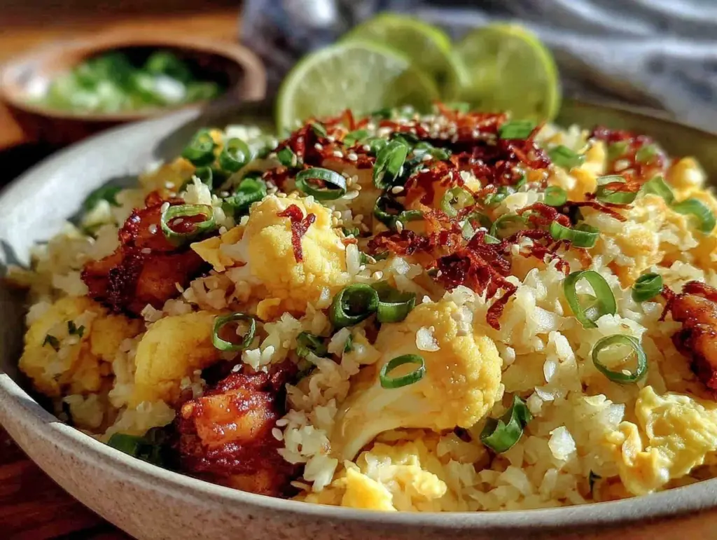 low-carb cauliflower fried rice with chicken - featured image