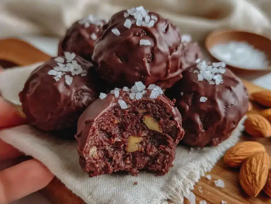 no bake dark chocolate almond protein balls - featured image