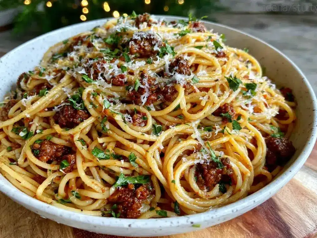 quick creamy garlic butter ground beef pasta - featured image