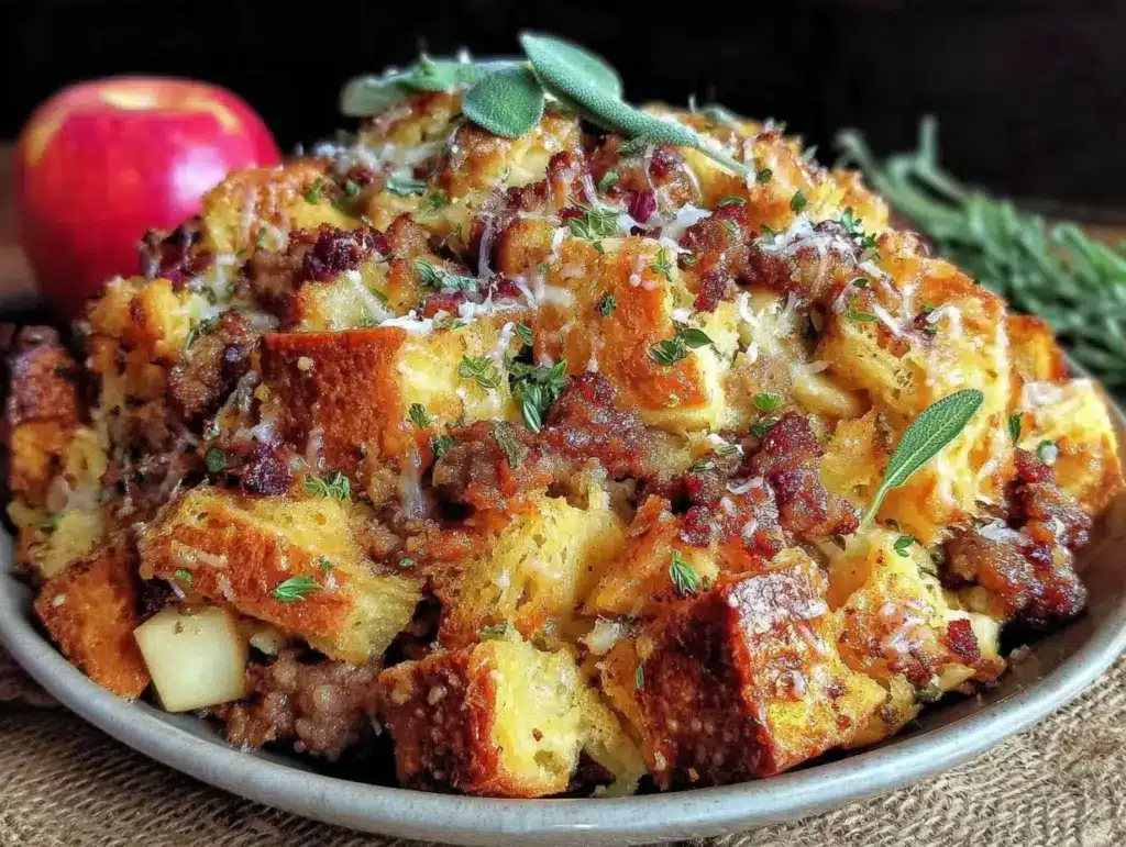 brown butter sage stuffing with sausage and apples - featured image