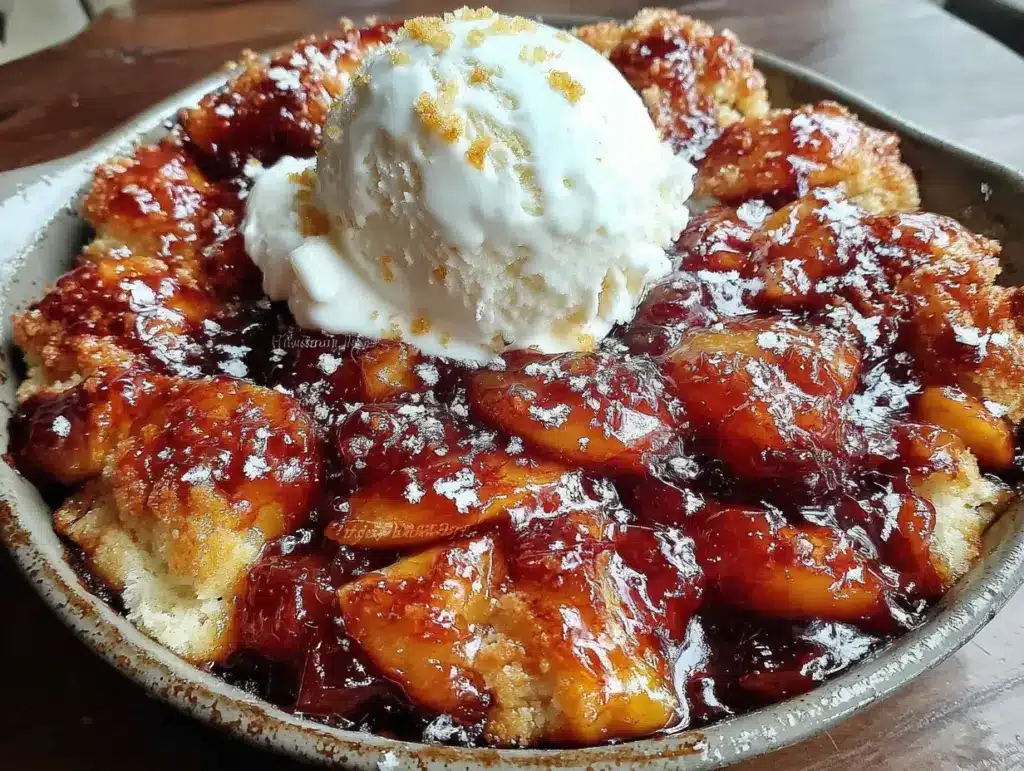 brown sugar bourbon peach cobbler - featured image