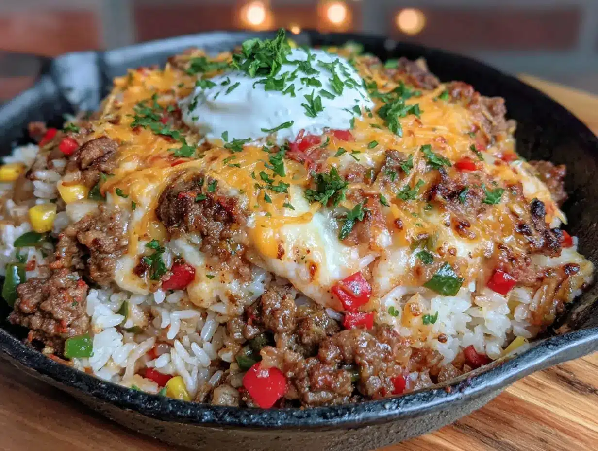 cheesy beef and rice skillet preparation steps