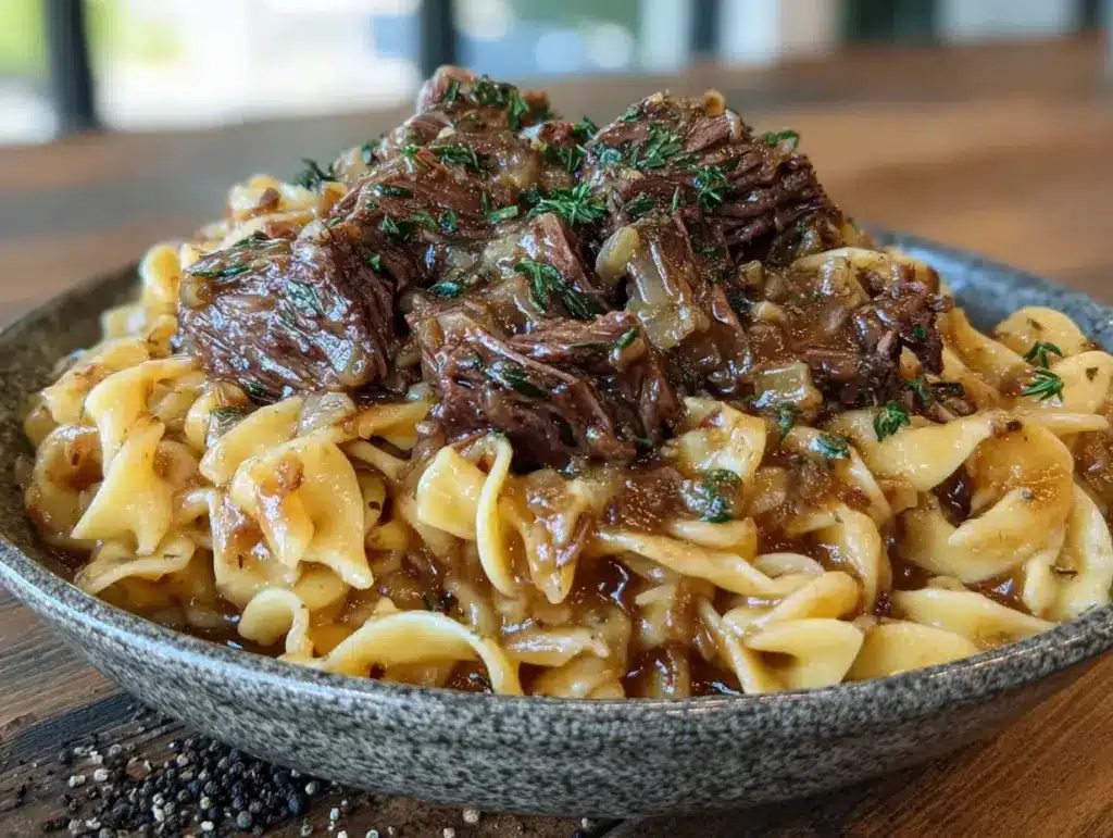 cozy crockpot beef and noodles comfort dinner - featured image