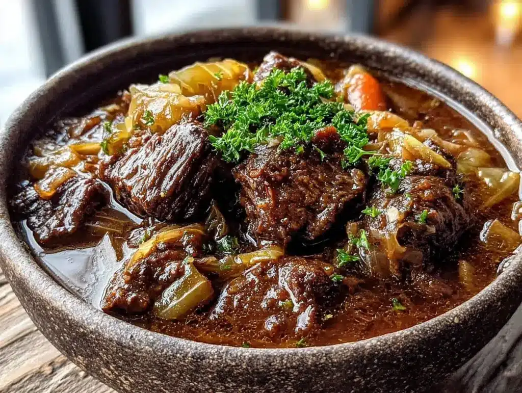cozy slow cooker beef and cabbage oktoberfest stew - featured image