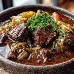 cozy slow cooker beef and cabbage oktoberfest stew - featured image