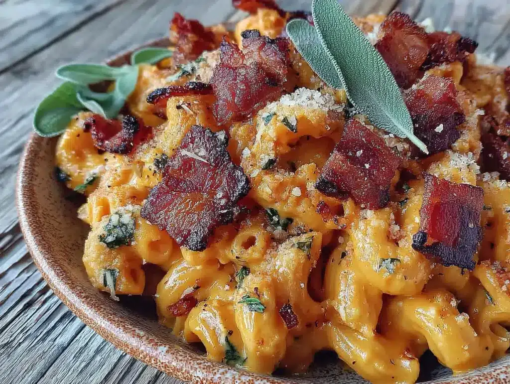 creamy butternut squash mac and cheese with bacon - featured image