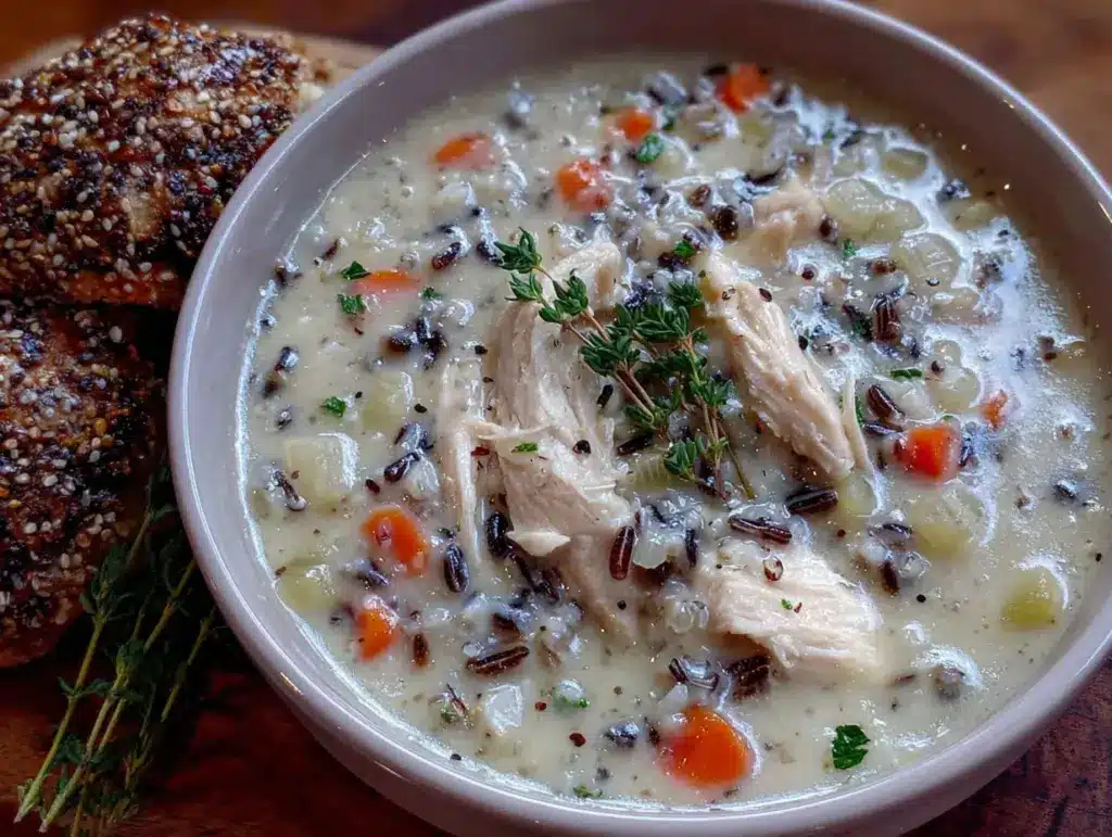 creamy crockpot chicken wild rice soup - featured image