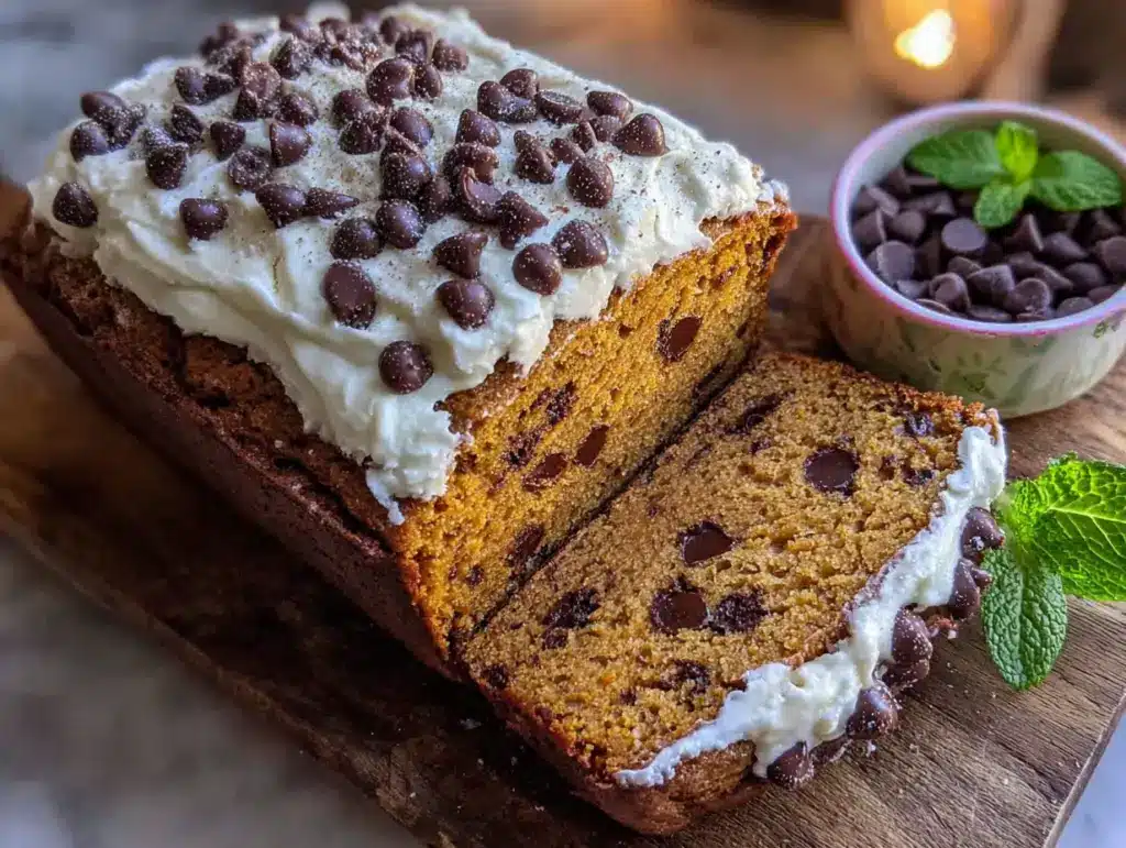 creamy swirled pumpkin chocolate chip bread - featured image