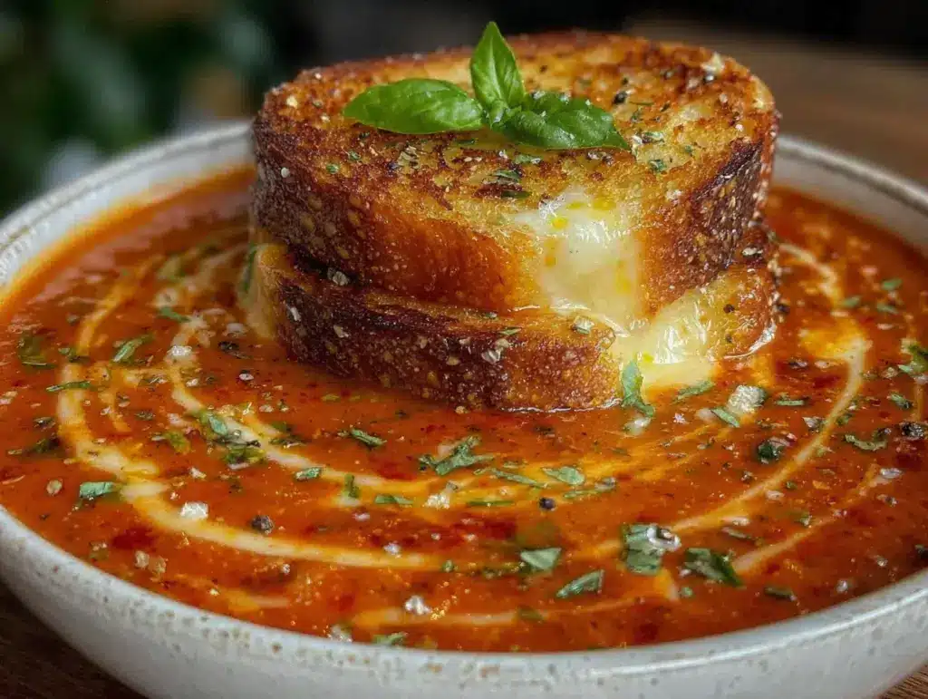 creamy tomato basil soup with grilled cheese croutons - featured image