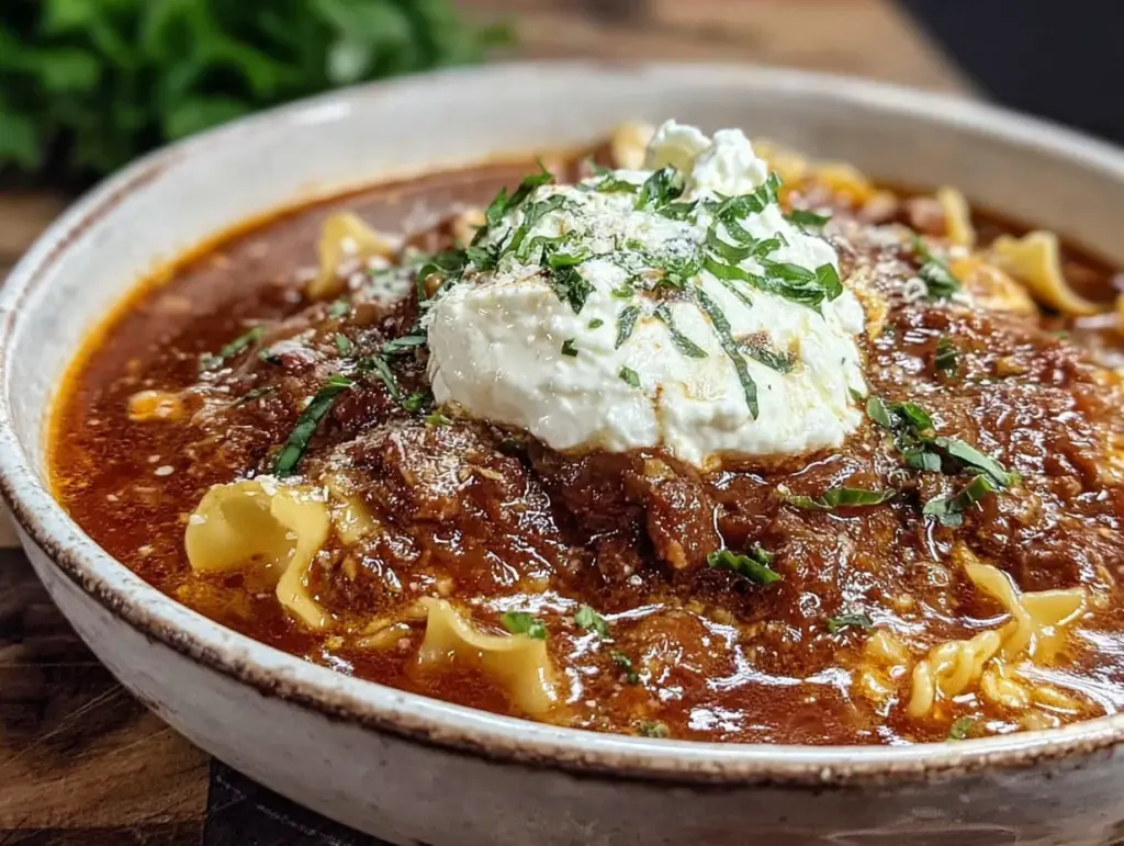 crockpot lasagna soup with creamy ricotta dollop - featured image