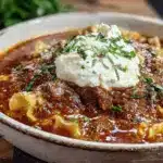 crockpot lasagna soup with creamy ricotta dollop - featured image