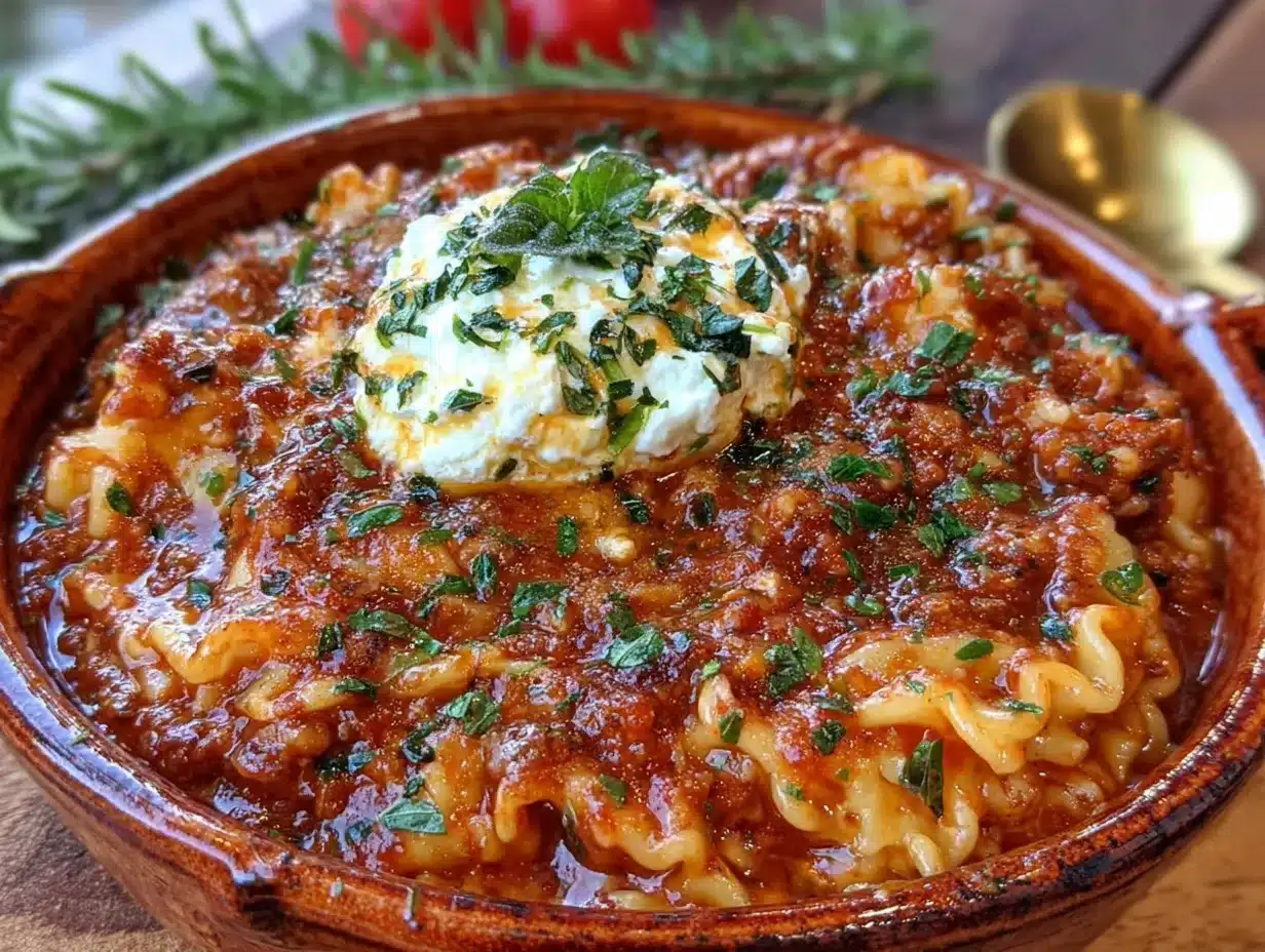 crockpot lasagna soup with creamy ricotta dollop preparation steps