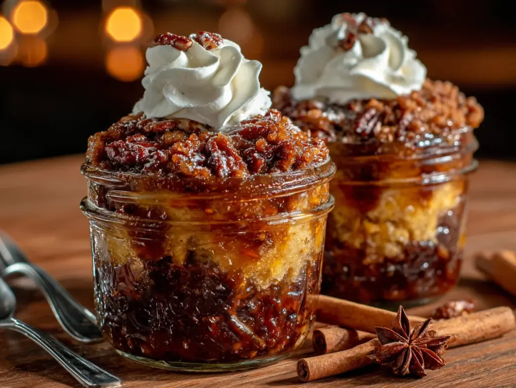 individual pumpkin dump cakes in mason jars - featured image