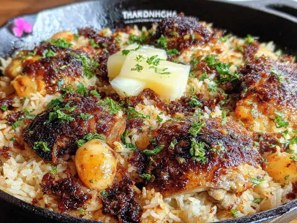 one-pan garlic butter chicken and rice - featured image