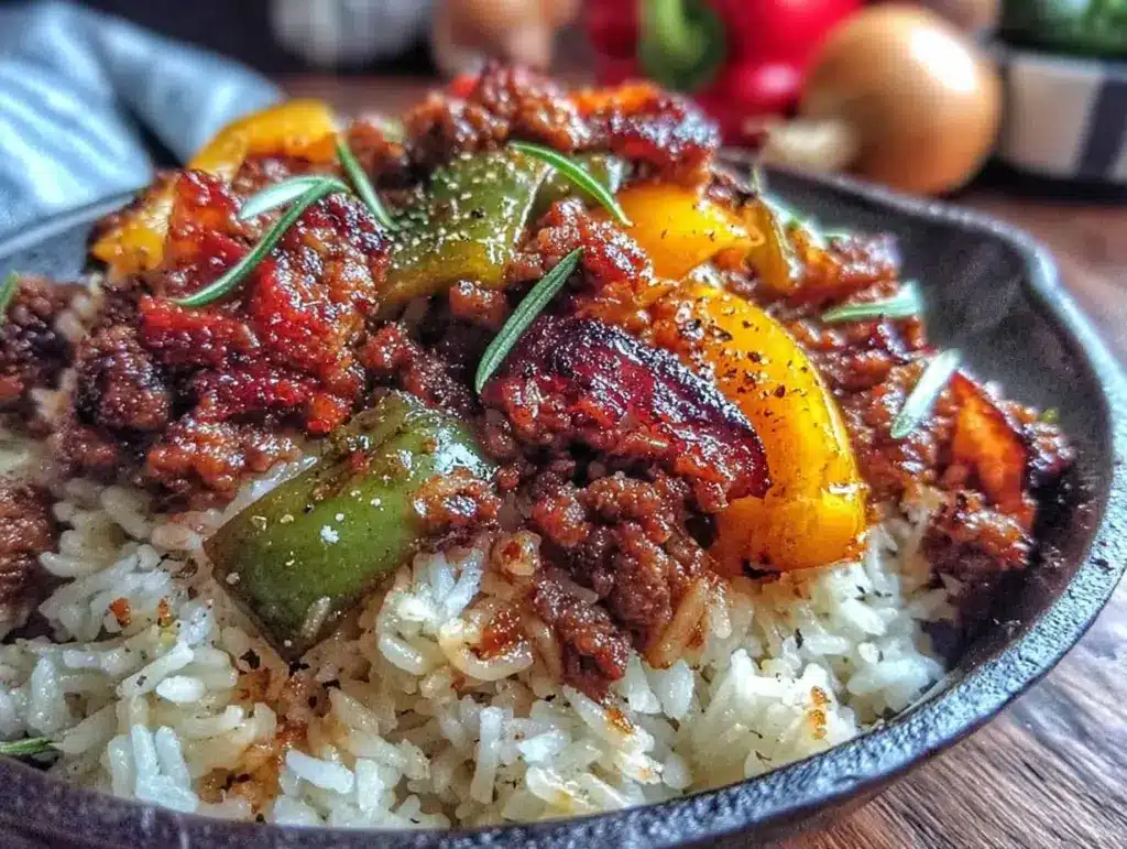 one-pan ground beef and rice skillet with bell peppers - featured image