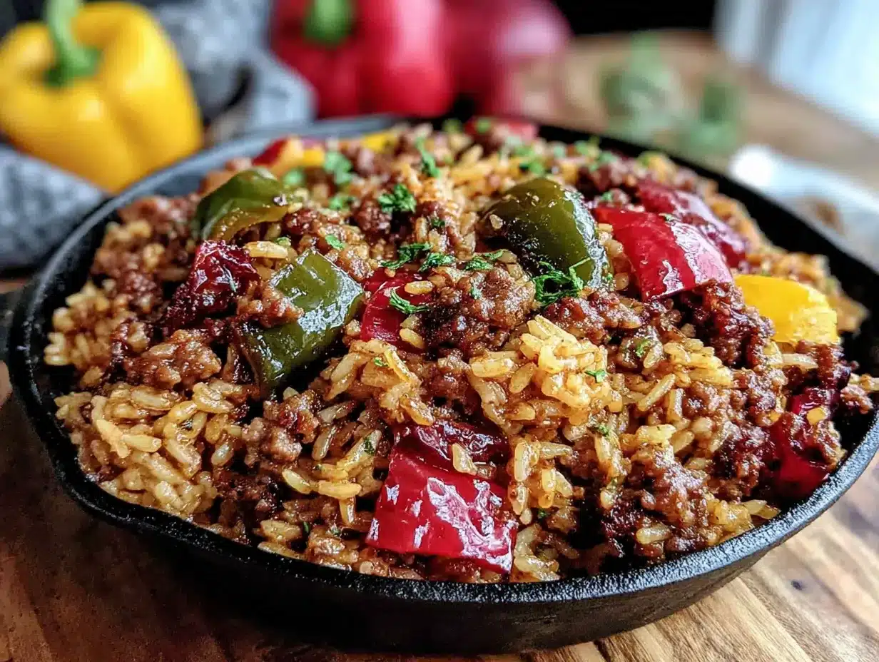 one-pan ground beef and rice skillet with bell peppers preparation steps