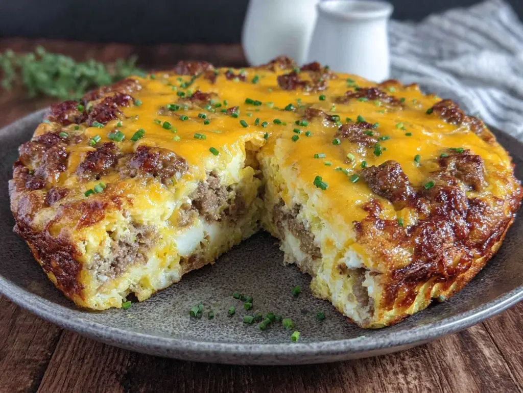 overnight breakfast casserole with sausage and hash browns - featured image